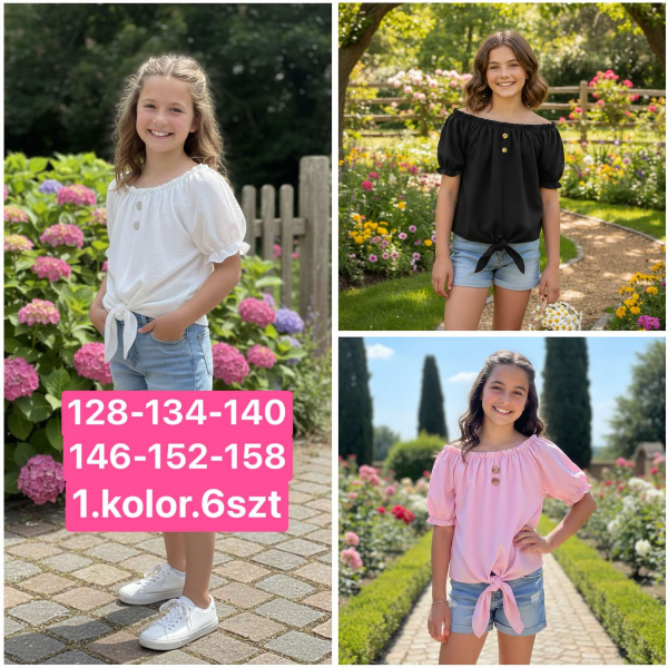 Bluzki dziewczęce Roz 128-158, 1 kolor Paczka 6 szt